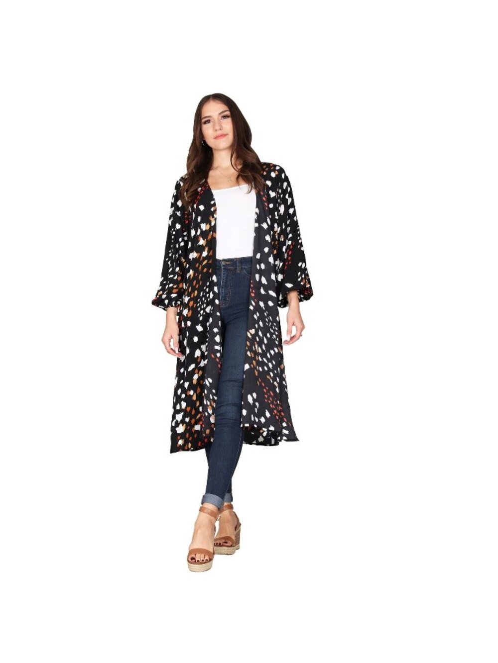 Lildy Bubble Sleeve Duster Open Front Womens S M Black White Brown